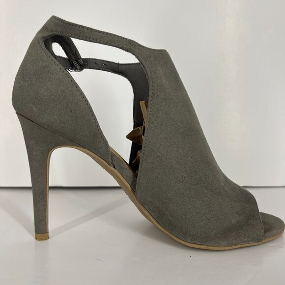 Christian Siriano Taupe / Green Faux Suede Open Toe High Heels Sz 8.5 - Picture 9 of 15